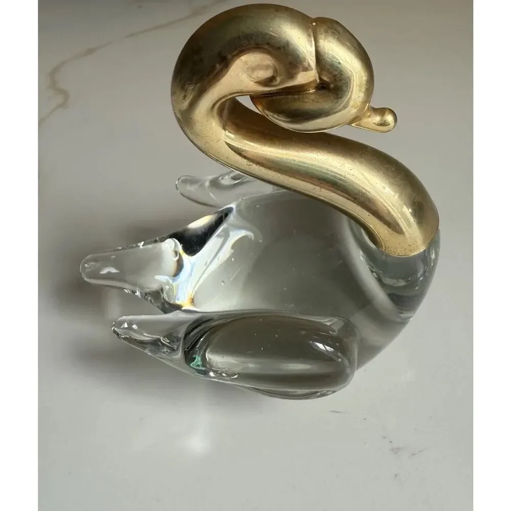 Art Glass Swan with Gold Colored Head Neck and Controlled Bubbles in Body 3x3